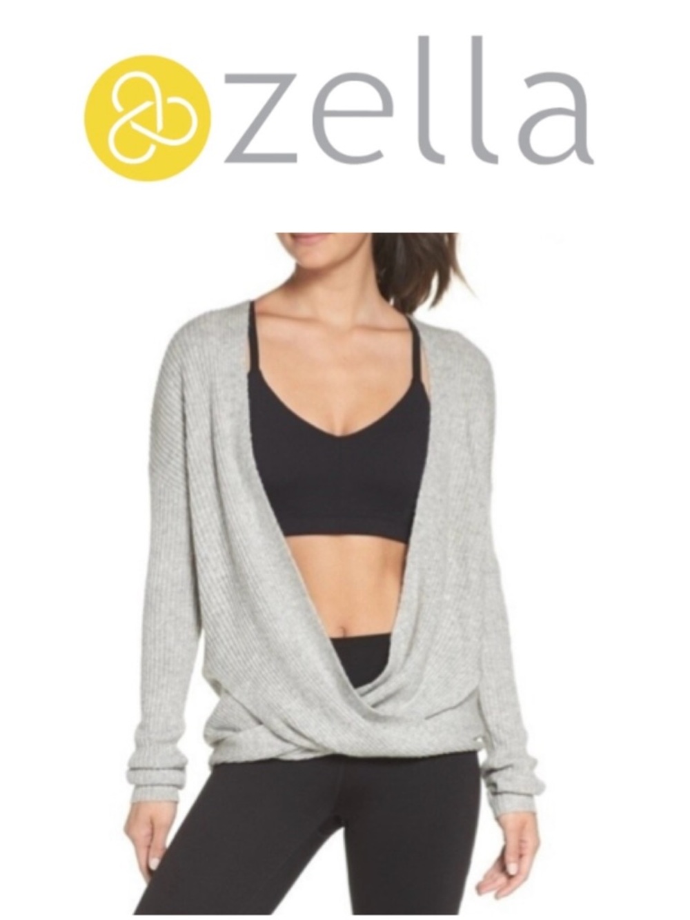 ZELLA Gray Wrap Sweater Ribbed V-Neck Athleisure Whimsical Luxurious Soft Wmn M